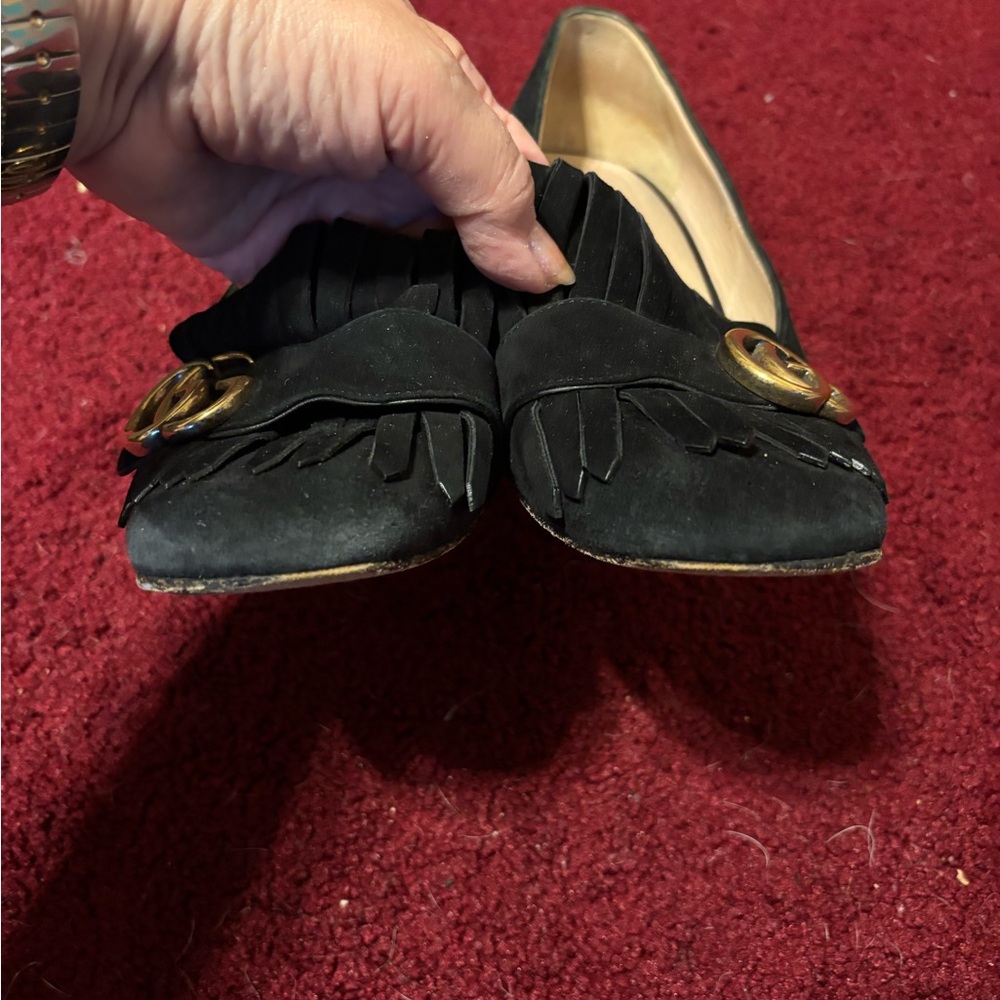 GUCCI MARMONT SZ 39 BLUE SUEDE SHOES NEEDS REPAIR GUC HEELS FRINGE GOLD GG - Picture 5 of 7
